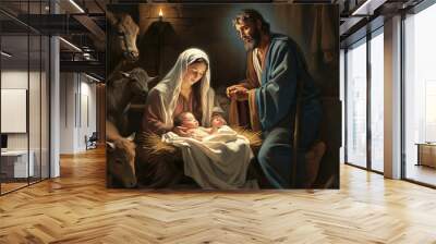 The Holy Family, Jesus, Mary and Joseph. AI generativ. Wall mural