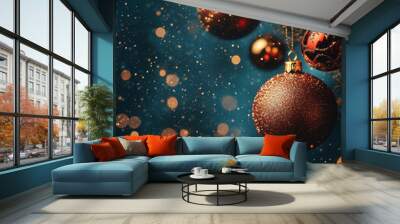 wallpaper, dark blue background with golden Christmas ornaments and red Christmas balls . AI generative. Wall mural