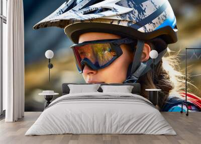 Young woman in helmet and goggles riding down on Mountainbike Wall mural