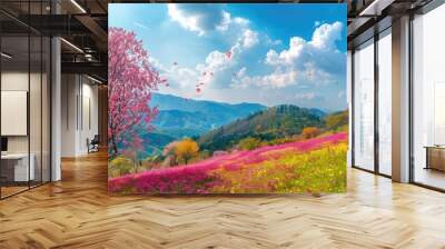 A captivating shot showcasing the vibrant colors of nature in a picturesque landscape, with colorful trees, pink mountains, and floating flowers creating a stunning visual against the backdrop. Wall mural