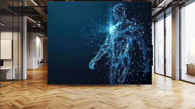 A dynamic illustration showcasing a futuristic cyborg man with AI, with biometric scanning and 3D scanning capabilities depicted in a polygon vector wireframe style. Wall mural