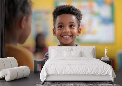 A kid holding a thank-you card, grinning up at a teacher. Wall mural