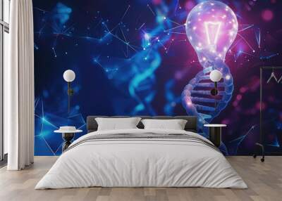 A modern 3D graphic concept featuring an abstract blue light bulb shining its glow on a dynamic blue and purple 3D DNA helix, representing the intersection of creativity and scientific advancement. Wall mural