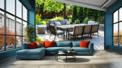 A newly set-up patio with modern outdoor furniture, including a dining table and lounge chairs with fresh cushions. Wall mural