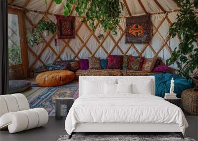 A yurt interior decorated with bohemian style, including colorful cushions, hanging plants, and artistic decor. Wall mural