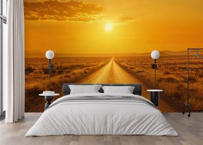 A zigzag road in a desert, stretching endlessly into the horizon with a scorching sun overhead. Wall mural