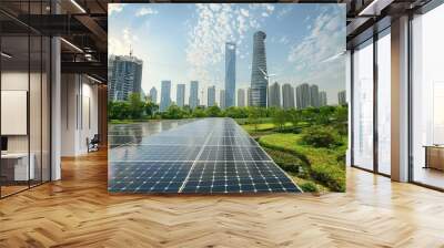 An inspiring visual depiction of solar panels and wind turbines against a backdrop of urban skyline, illustrating the transformative impact of renewable energy on cities and communities worldwide. Wall mural