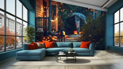 An outdoor Halloween scene with spooky decorations and eerie lighting. Wall mural