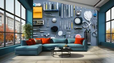 An overhead shot of various hospital instruments laid out on a table. Wall mural