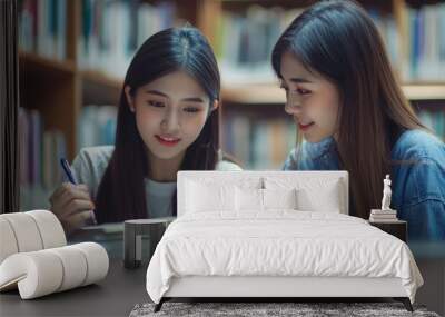 Asian young women studying together at a university library. Wall mural