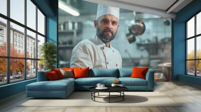 Male portrait of a chef in a kitchen, holding a cooking utensil.  Wall mural