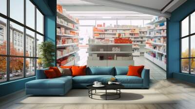 Photo of inside pharmacy shop, shelves with many medicines and otc products, ultra photorealistic Wall mural