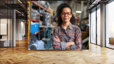 Portrait of a successful woman entrepreneur in the fashion industry, managing inventory and logistics at her bustling workshop. Wall mural