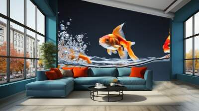 Three goldfish of different sizes swim in a transparent glass fish tank, Wall mural