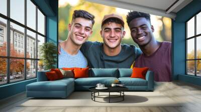 Three young men posing together for a candid group photo. Wall mural