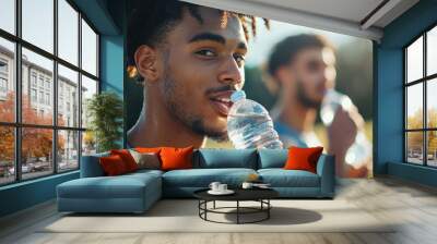 Young men drinking water after an intense workout. Wall mural