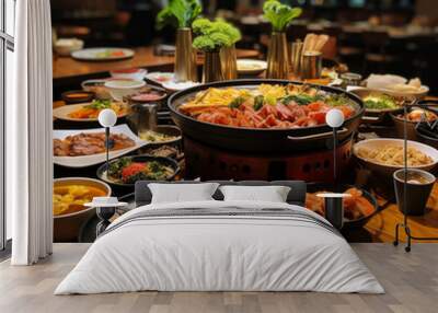 Shabu set and many other dishes including beef, pork, chicken, vegetables, and more. Wall mural