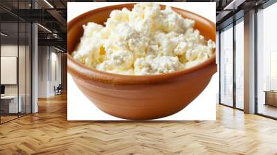 Creamy Cottage Cheese: Fresh and delicious cottage cheese fills a rustic brown bowl, a healthy and versatile ingredient for breakfast, lunch, or dinner, isolated on transparent background. Wall mural