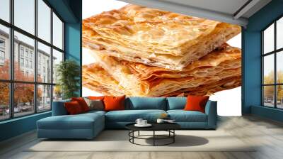 Golden Puff Pastry Squares: A close-up shot of two golden puff pastry squares, stacked on top of each other,  creating a visually appealing and mouthwatering image, isolated on a transparent backgroun Wall mural