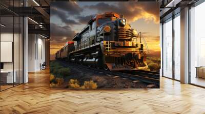 A cargo train hauling containers and merchandise barrels travels down a railroad track through a rural landscape at night. Wall mural