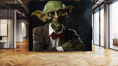 A friendly green goblin wearing a business suit and tie stands confidently against a concrete wall. Wall mural