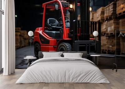 A red forklift parked in a warehouse. Wall mural