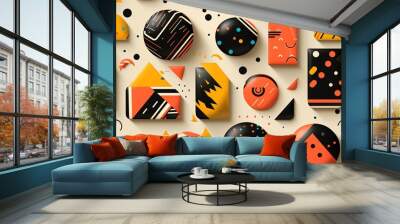 A seamless pattern of colorful geometric shapes on a neutral background. Memphis style. Wall mural