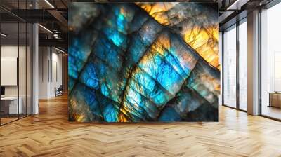 Close-up of labradorite stone with rich blue and gold iridescent patterns. Wall mural