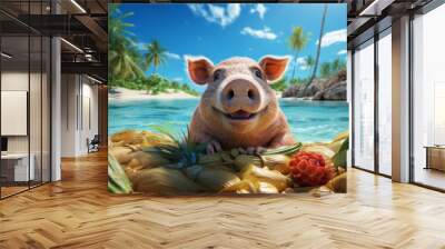 Cute pig swimming in tropical sea, summer vacation concept. Wall mural