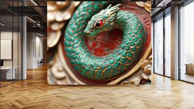 Decorative green wooden snake with detailed scales, marking the 2025 Chinese New Year. Wall mural