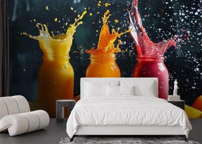 Glasses of freshly squeezed fruit juice surrounded by a variety of fruits and vegetables. Wall mural