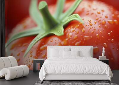 Macro shot of a ripe red tomato covered in water droplets, highlighting its freshness, vibrant color, and natural texture. Wall mural