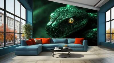 Mystical green wooden snake with glowing eyes, creating a sense of mystery. Wall mural