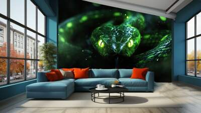 Mystical green wooden snake with glowing eyes, creating a sense of mystery. Wall mural