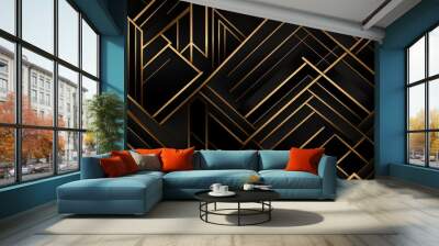 Seamless pattern Abstract black and gold geometric background with glowing lines. Wall mural