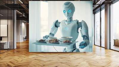 A white robot carries a meal on a tray, generative ai Wall mural