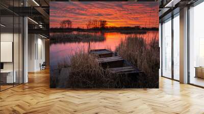 An old boat in the reeds on the lake shore and a beautiful sunset Wall mural