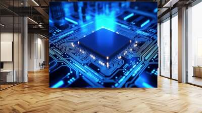 Modern processor in a blue chip board, generative ai Wall mural