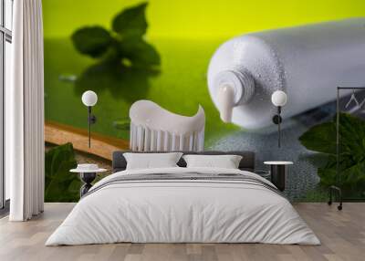 Close up tube of toothpaste and bamboo toothbrush on wet reflective surface with fresh mint leaves. Oral care featuring. Concept oral health and care. International Dentist Day. National Brush Day Wall mural