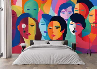 Colorful abstract art of diverse women's faces, Greeting card for International Women's Day.Publications that discuss gender studies, art, or sociology. Wall mural