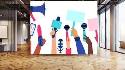 Hands with microphones and recorders are taking interview. Press release concept.Breaking news and public relations. Digital marketing for business. Journalism and Broadcasting.Online communication. Wall mural