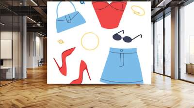 Stylish female summer outfit: top, corset, skirt, shoes, jewelry, bag, glasses. Vector illustration of clothes in cartoon style Wall mural