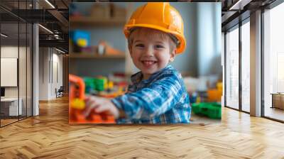 A small child is an Engineer, learning to build houses, playing with a constructor and cars. Child development. Childhood dreams Wall mural