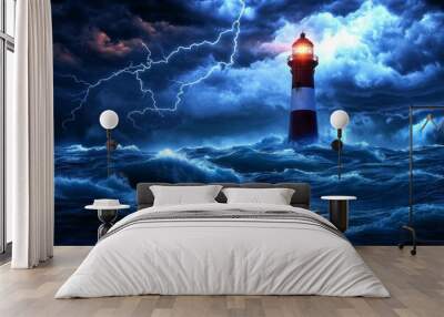 A stormy night at sea  a lighthouse illuminates the dark sky with thunder and lightning Wall mural