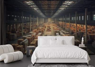 A vast logistics warehouse packed with boxes, parcels, and merchandise in a dynamic setting Wall mural