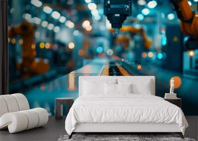 Abstract blurred bokeh factory background with robotic assembly line - industry concept Wall mural