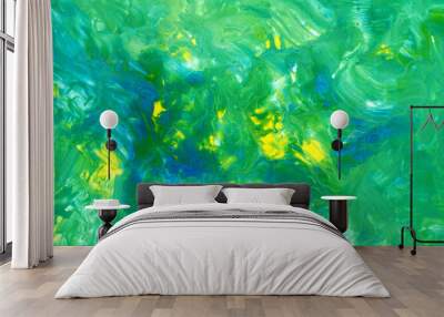 Abstract fluid art background. Blue, cyan, yellow, green and white colors mix together. Beautiful creative print. Abstract art hand paint. Original artwork. Color splashing on paper. Cosmic texture Wall mural