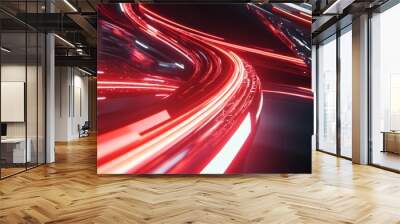 Abstract red lines depict the speed of the road in red. Red light trails on a dark background, with a high speed and fast motion blur effect. Design of a postcard, banner, website Wall mural