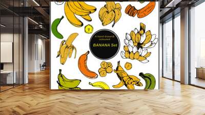 set of bananas, hand drawn bananas, coloured set with bananas  Wall mural