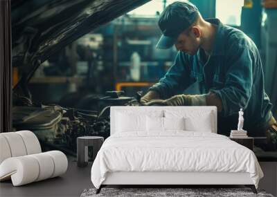 Auto mechanic repairing a car s broken engine in a garage with tools and maintenance equipment Wall mural